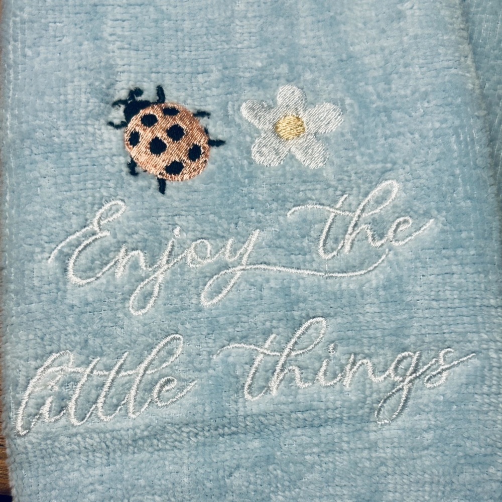 Lady Bug Daffodil Finger Tip Towel Set of 2 Embroidered Light Blue Terry Cloth